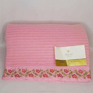 NEW Vintage Fieldcrest Waffle Weave Blanket Twin Pink Embroidered Flowers